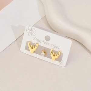 Set di tre orecchini in acciaio inossidabile con renne dorate e strass circolare