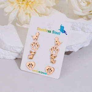 Rose gold stainless steel stud earrings set with dog and heart paw designs