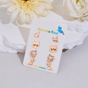 Set di 4 paia di graziosi orecchini a lobo a gatto in acciaio inossidabile oro rosa