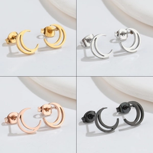 Stainless Steel Moon Crescent Stud Earrings For Women Hollow Geometric Minimalist Jewelry In Gold Silver Rose Gold Black
