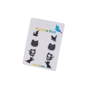 Set di 4 paia di orecchini a gatto in acciaio inossidabile nero con varie sagome feline