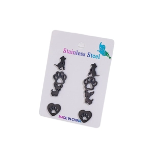 Set of 4 pairs of black stainless steel stud earrings with dog paw and heart designs