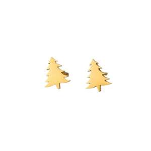 Minimalist gold Christmas tree stud earrings in brushed stainless steel finish