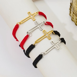 Minimalist woven cross bracelets in red and black with gold and silver hollow metal charms