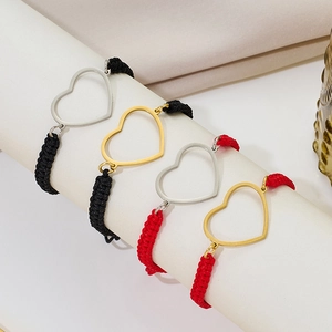 Stainless Steel Hollow Heart Braided Bracelet For Women Couples Red Black Adjustable Rope String Hand Jewelry Valentine Gift
