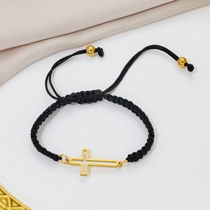 Adjustable black braided rope bracelet with a hollow golden cross pendant for women and men