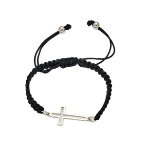 Adjustable hand-woven black cord bracelet with a minimalist silver cross pendant for luck