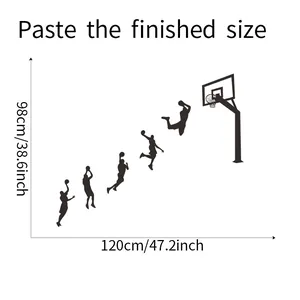 Size chart showing basketball dunk silhouette wall sticker dimensions 120cm wide by 98cm high