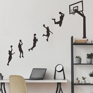 Black silhouette basketball wall decal showing a dunking sequence for home sports decor