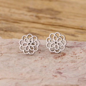 French vintage mandala flower stud earrings in hollow stainless steel on a stone base