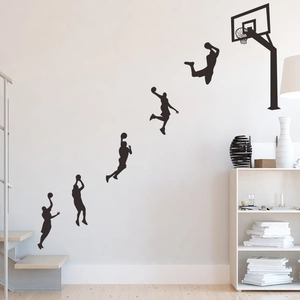 Dynamic basketball dunk silhouette wall decals for sports room and home gym decor