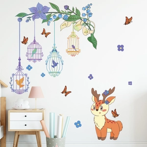 Cartoon Hirsch Vogelkäfig Schmetterling Blume Zweig Wandaufkleber Abnehmbare Wasserdichte PVC Abziehbilder Für Kinderzimmer Dekor