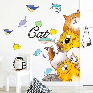 Watercolor Cartoon Cat Fish Wall Sticker PVC Self Adhesive Removable Wall Decals For Children Room Kindergarten DIY Art Decor