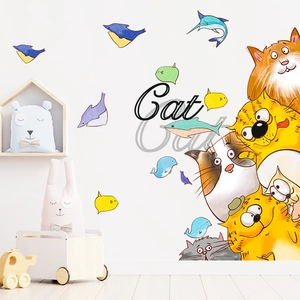 Nursery wall sticker detail showing cute cartoon cats and fish in watercolor style