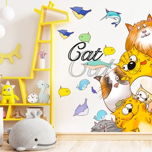 Cartoon cat wall stickers set for kids room with colorful fish and birds decor