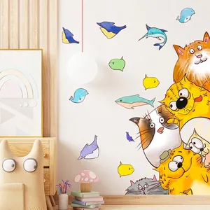 Cartoon cats and fish wall stickers for children's room decoration, self-adhesive decal