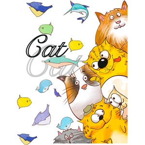 Cartoon cat and fish wall stickers in watercolor style for nursery and home decor