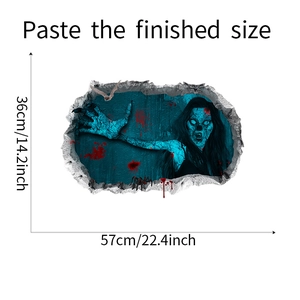 Detailed 3D Halloween wall sticker showing a 57x36cm broken wall zombie girl decal