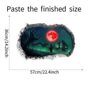 Detailed size chart for 3D Halloween wall decal featuring blood moon and broken wall effect