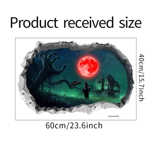 Detail view showing 3D Halloween wall decal with red moon and spooky hand, 60x40cm size