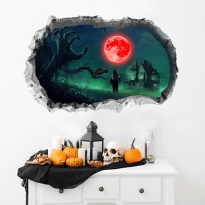 Halloween wall sticker with 3D red moon and giant hand breaking through a white wall