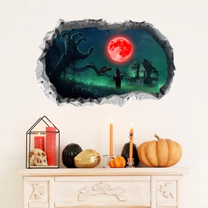 3D Halloween wall sticker detail showing blood moon and spooky silhouette on broken wall