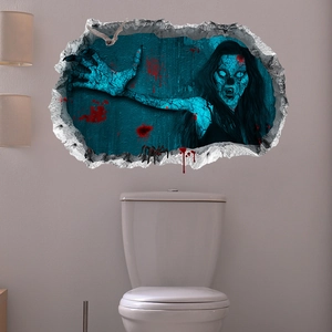 3D Halloween wall sticker featuring a realistic zombie woman breaking through a bathroom wall