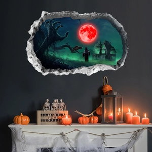 3D Halloween wall sticker with red moon, zombie hands and haunted castle in home setting