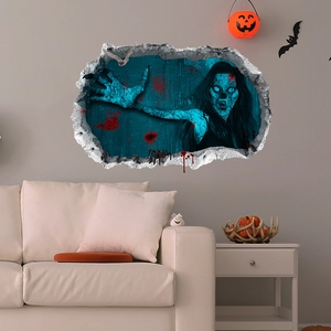 3D Halloween wall decal featuring a scary ghoul breaking through wall with bloody handprints