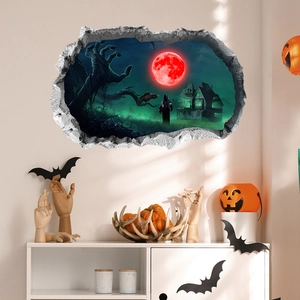 3D Halloween wall sticker featuring a red moon, ghost, and skull hand breaking through wall