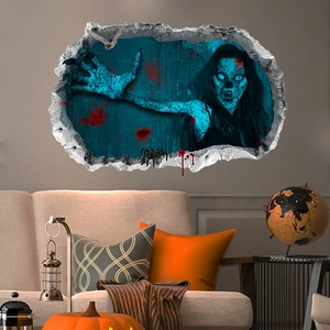 3D Halloween wall sticker featuring a terrifying zombie woman with blood and wall cracks