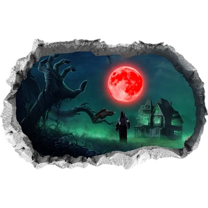 3D Halloween wall sticker featuring a spooky blood moon and zombie hand breaking through