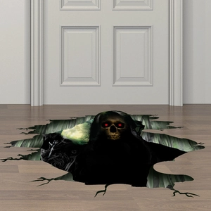 Adesivo da pavimento 3D Halloween con mietitore scheletro luminoso che emerge dalle crepe