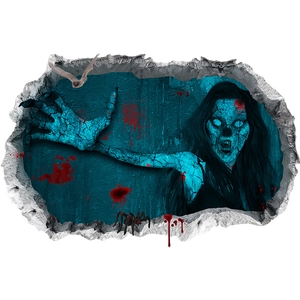 Halloween 3D broken wall sticker featuring a scary female ghost, bats, and spiders