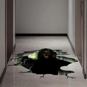 Adesivo da pavimento 3D per Halloween con scheletro spaventoso che esce da un muro rotto