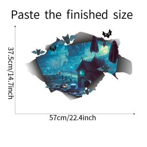 Macro view of Halloween 3D wall sticker with castle and bats showing 57x37.5cm dimensions