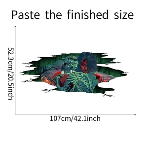 Detailed dimensions of 3D Halloween skeleton wall sticker measuring 107cm by 52.3cm
