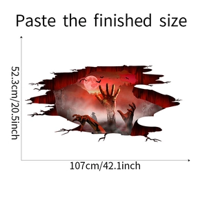 Dimensioni adesivo Halloween 107cm di larghezza con mano zombie 3D e pipistrelli