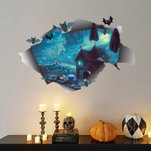 3D Halloween wall decal featuring a spooky castle, flying bats, and glowing pumpkins