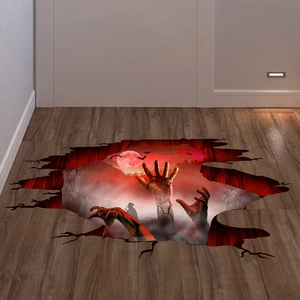 Adesivo 3D per pavimento di Halloween con mani di zombie, luna rossa e pipistrelli