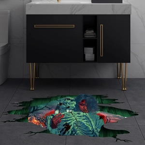 3D Halloween floor sticker with skull and scary woman in collapsed forest hole