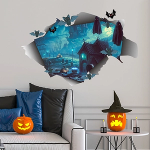 3D Halloween wall decal featuring spooky castle, bats, and ghosts over a white sofa
