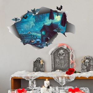 3D Halloween wall sticker featuring spooky haunted house and bats for home decor