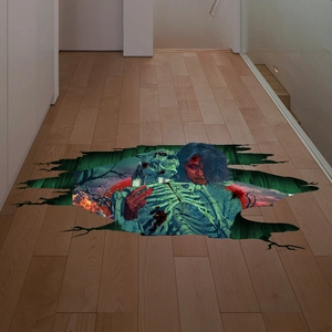 Halloween 3D floor sticker featuring a terrifying zombie woman and skeleton in a dark forest