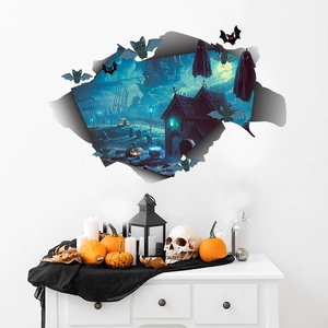 Detailed 3D Halloween wall decal showing a broken wall with castle, bats, and pumpkins