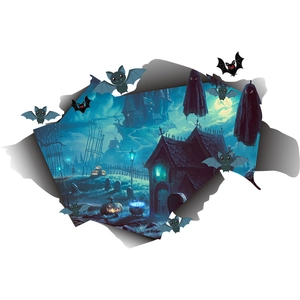 3D Halloween wall sticker featuring a spooky castle, pumpkins, and bats with torn wall effect
