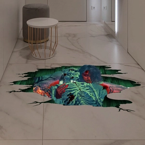 3D Halloween floor decal featuring a scary skeleton and creepy woman on broken ground