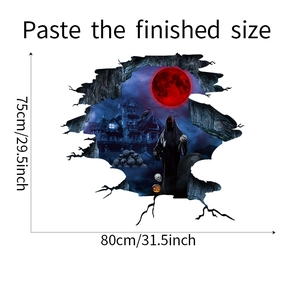 3D Halloween wall sticker showing 80x75cm dimensions with castle and reaper design