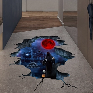 3D Halloween floor decal featuring reaper, glowing pumpkins, and skull in cracked ground