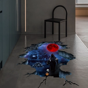 3D Halloween floor sticker featuring a spooky castle, red moon, and grim reaper detail
